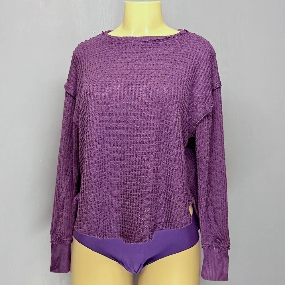 SO Waffle Knit Thermal Top | Purple Exposed Edge | Loungewear XS